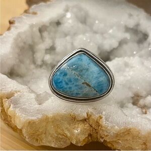 Teardrop Larimar Silver Ring Size 8 in Sterling Silver 925 overlay
